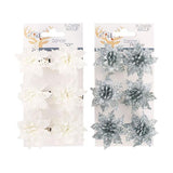 Load image into Gallery viewer, 6 Pack White Glitter &amp; Silver Poinsettia Flower With Clip - 5cm
