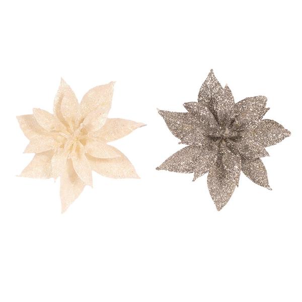 3 Pack White Glitter & Silver Glitter Poinsettia Flower With Clip - 8cm