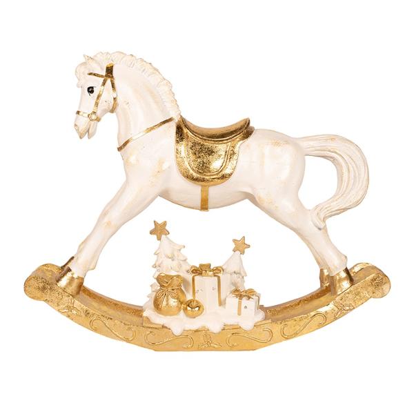 Deluxe Gold & Polyresin Christmas Rocking Horse With White Gift - 74.5cm x 20cm x 61cm