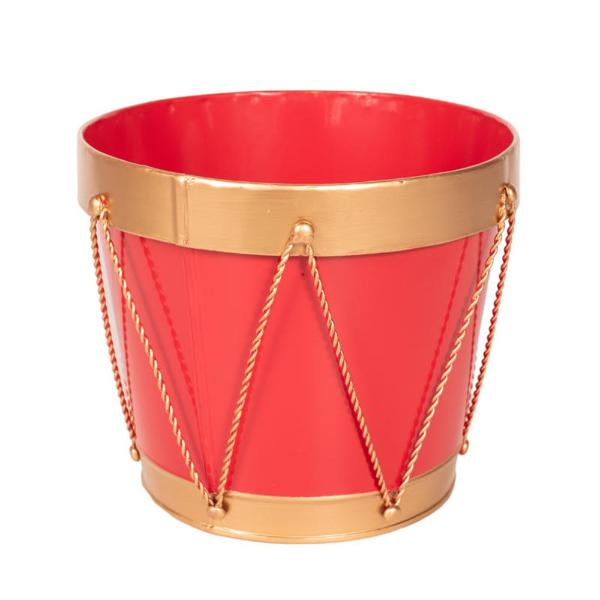 Red With Gold Detail Drum Planter - 22cm x 20.5cm x 47.5cm