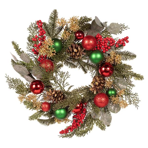 Red & Green Bauble Wreath With Pinecones - 50cm