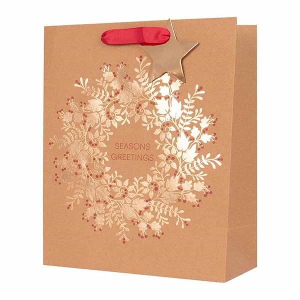 Large Seasons Greetings Kraft Gift Bag With Foil Finish Wreath - 26cm x 32.4cm x 12.7cm