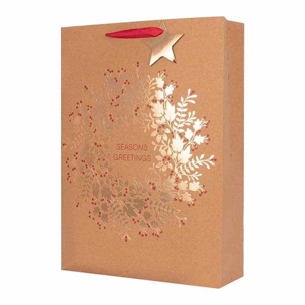 X Large Seasons Greetings Kraft Gift Bag With Foil Finish Wreath - 33cm x 45.7cm x 10.2cm