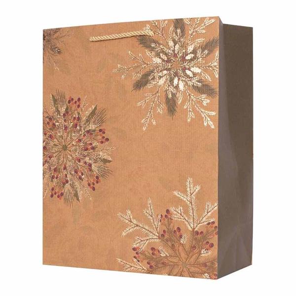 Large Kraft Gift Bag With Foil Finish Snowflakes - 26cm x 32.4cm x 12.7cm