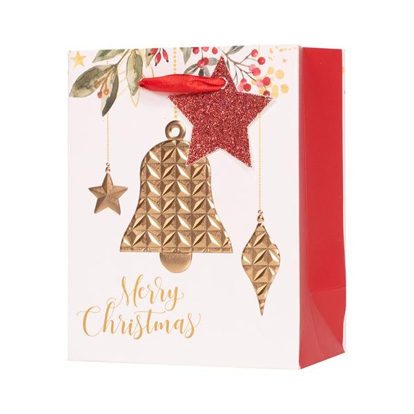 Small Embossed Christmas Bell Gift Bag - 11.1cm x 13.7cm x 6cm