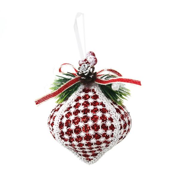 Red & White Lace Ball Ornament - 11cm x 12cm