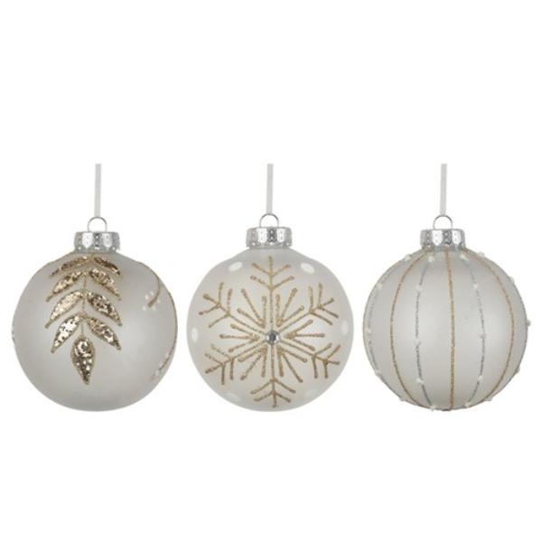White With Glitter Finish Bauble 10cm - Assorted