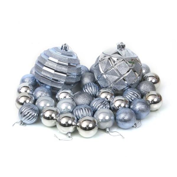 32 Pack Silver & Arctic Blue Shatterproof Baubles