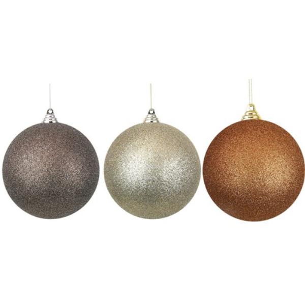 3 Pack Chesnut, Champagne & Rose Glitter Shatterproof Baubles - 14cm