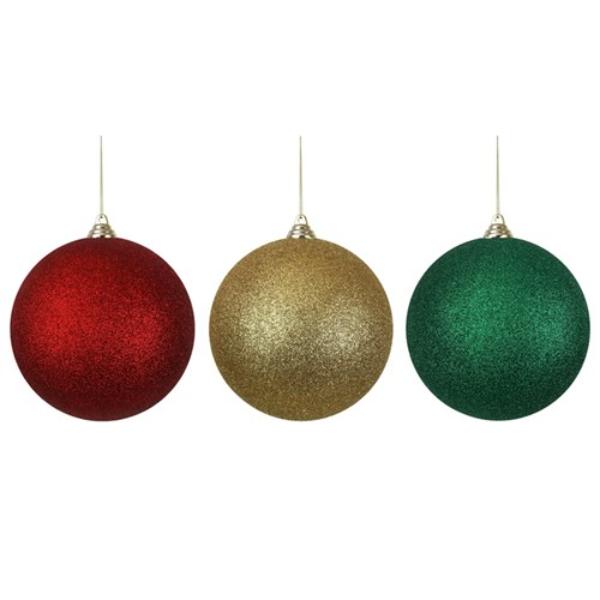 3 Pack Red, Green & Gold Glitter Shatterproof Baubles - 14cm