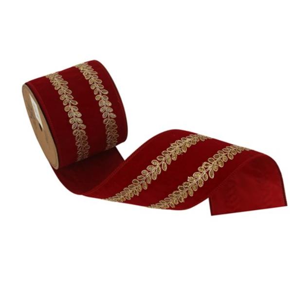 Red Velvet & Champagne Leaf Embroidered Ribbon - 10cm x 5m