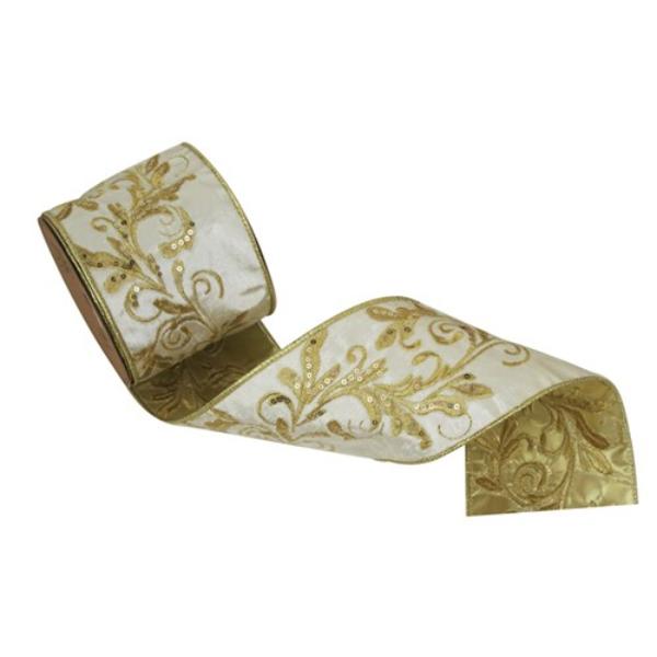 Ivory Velvet Ribbon With Champagne Embroidery - 10cm x 5m