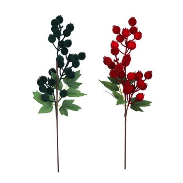Flocked Red Or Green Berry Stem - 60cm