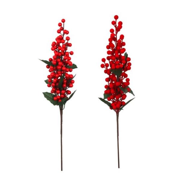 Flock & Shiny Red Berry Stem - 60cm