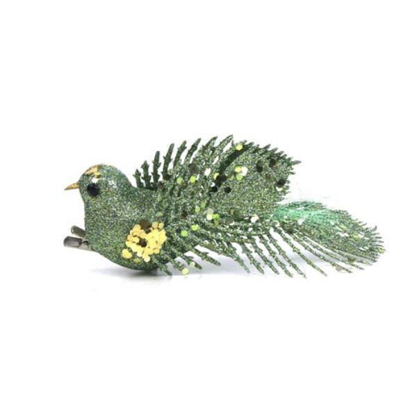 Moss Green Bird With Clip - 15cm
