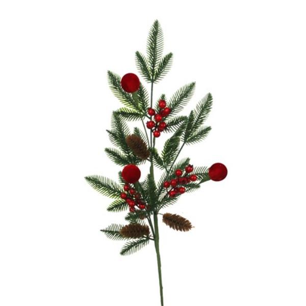 Pine Stem With Burgundy Flocked Balls - 85cm