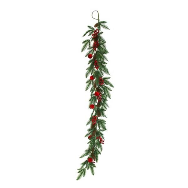Pine Garland With Burgundy Flocked Balls - 165cm