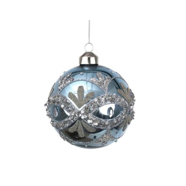 Arctic Blue & Silver Handpainted Glass Bauble - 10cm