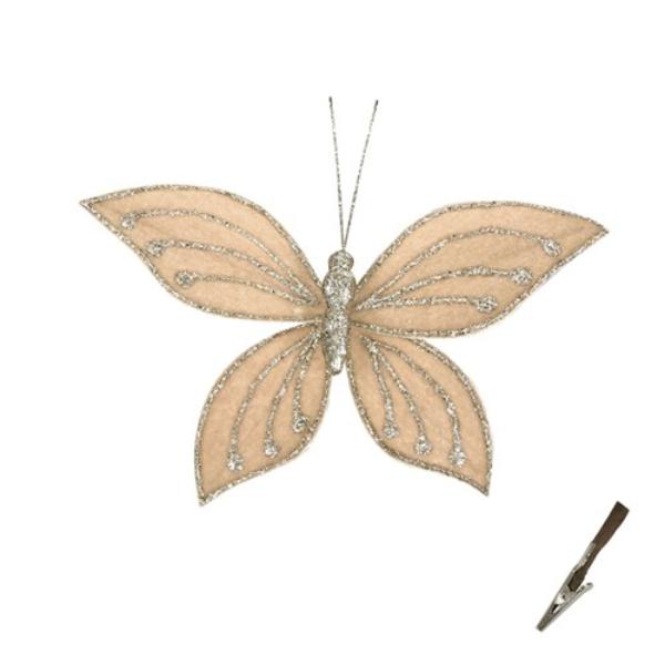 Champagne Butterfly With Glitter & Clip - 29cm
