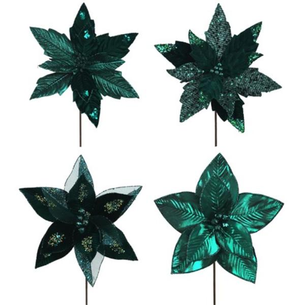 Mulled & Merry Emerald Green Assorted Poinsettia - 33cm