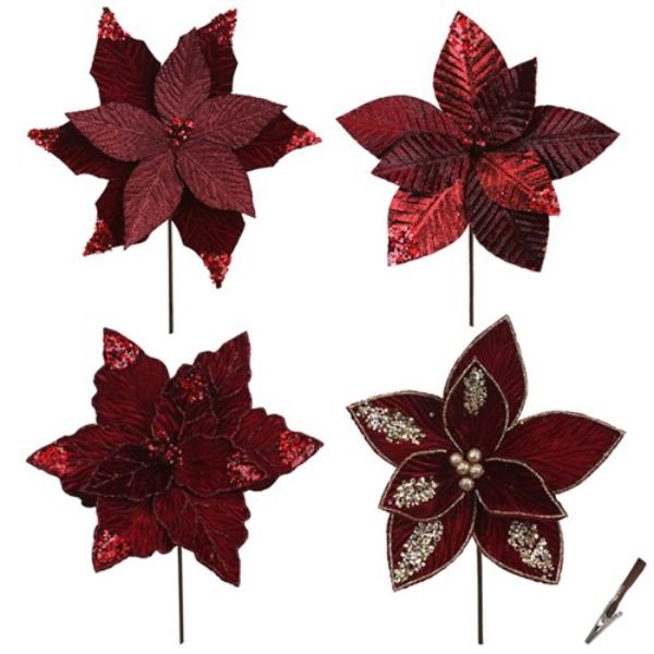 Mulled & Merry Burgundy Assorted Poinsettia - 33cm