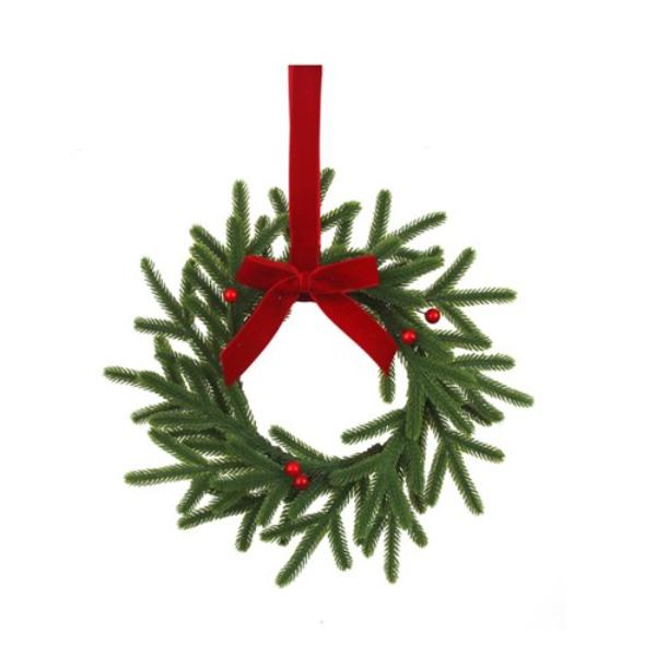 Real Touch Pine Wreath With Burgundy Ribbon - 25cm