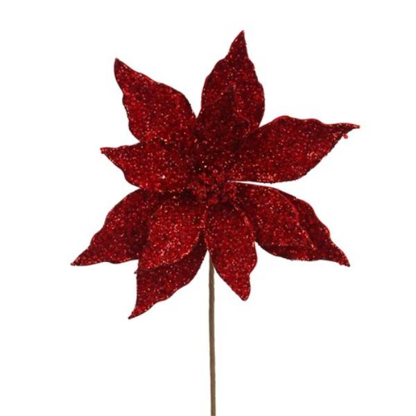 Red Velvet Beaded Poinsettia With Stem - 50cm
