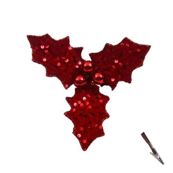 Red Sequin Holly Stem With Clip - 15cm