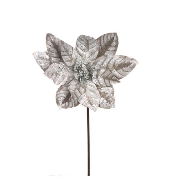 Platinum Velvet & Glitter Poinsettia Stem - 50cm