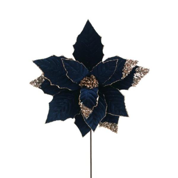 Navy Blue Velvet & Glitter Poinsettia Stem - 50cm