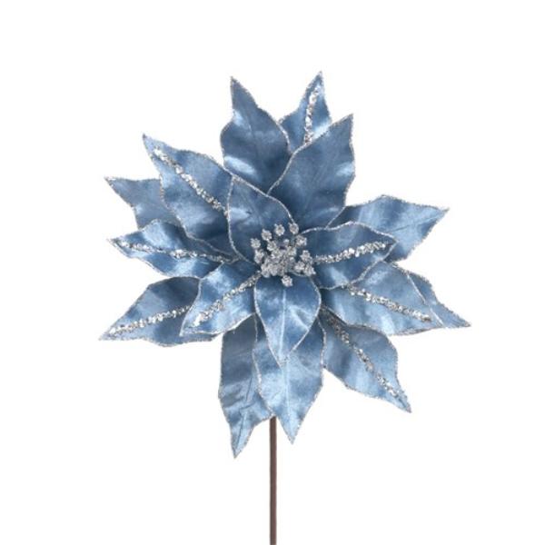 Arctic Blue Velvet Poinsettia Stem - 50cm