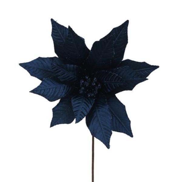 Midnight Blue Velvet & Glitter Poinsettia Stem - 50cm