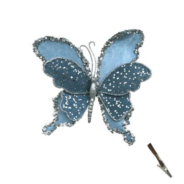 Blue Denim Glitter Velvet Butterfly With Clip - 22cm