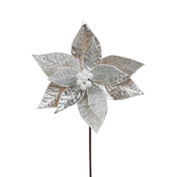 Silver & White Poinsettia Stem - 50cm