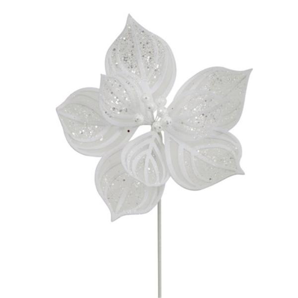 White Lace & Glitter Poinsettia Stem - 50cm