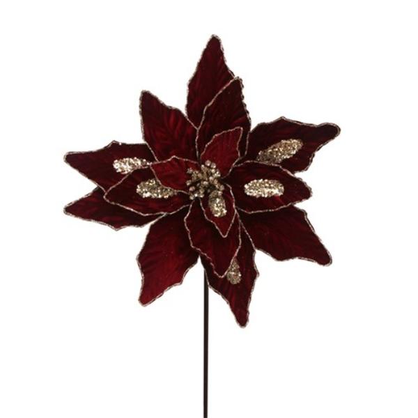 Burgundy Velvet & Gold Glitter Poinsettia Stem - 50cm