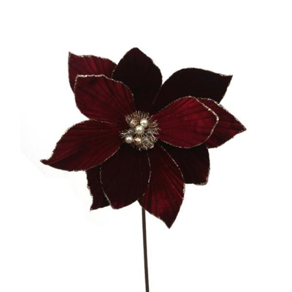 Burgundy & Glitter Poinsettia Stem - 50cm