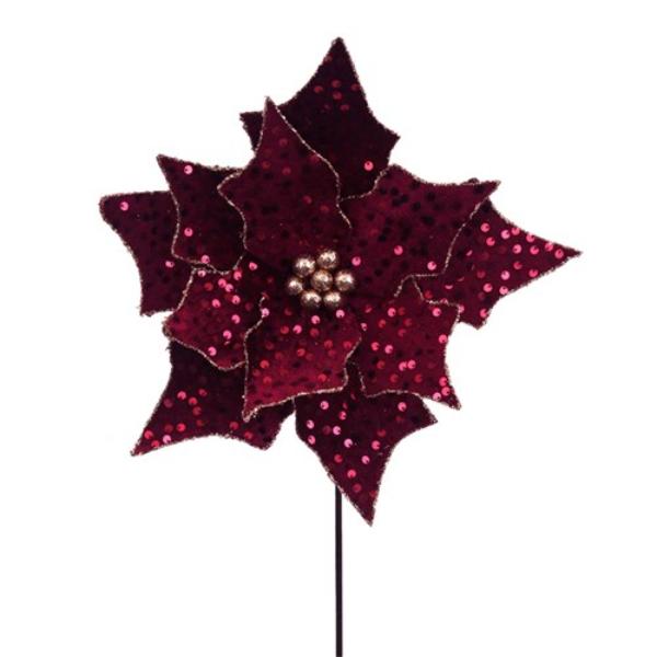 Plum Sequin Poinsettia Stem - 50cm