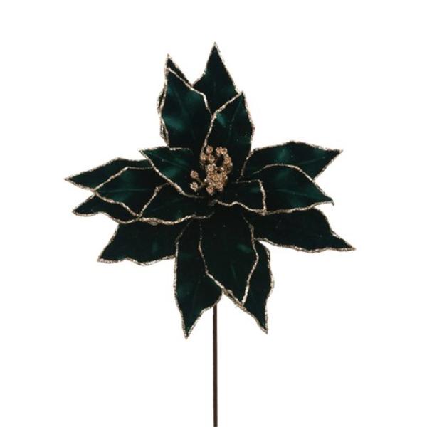 Emerald Green & Gold Glitter Poinsettia Stem - 50cm