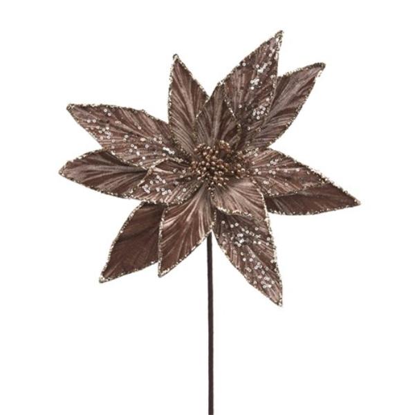 Mocha Velvet & Glitter Poinsettia Stem - 50cm