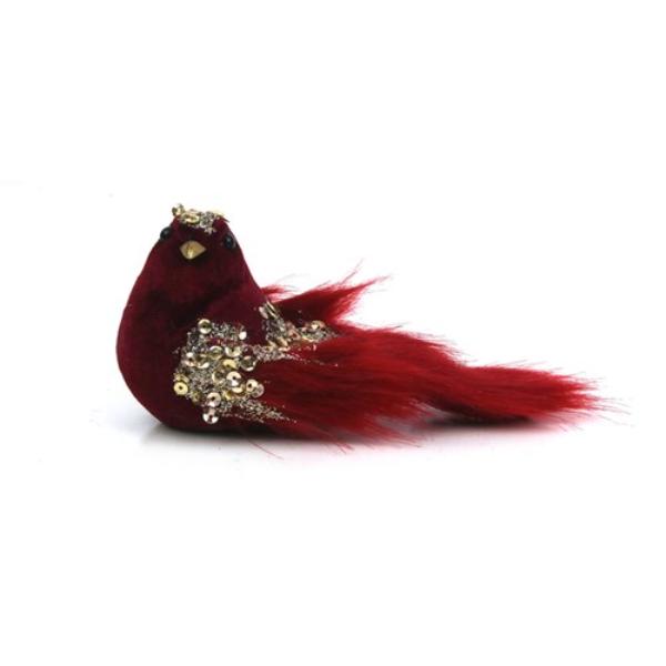 Burgundy Velvet Bird With Clip - 18cm