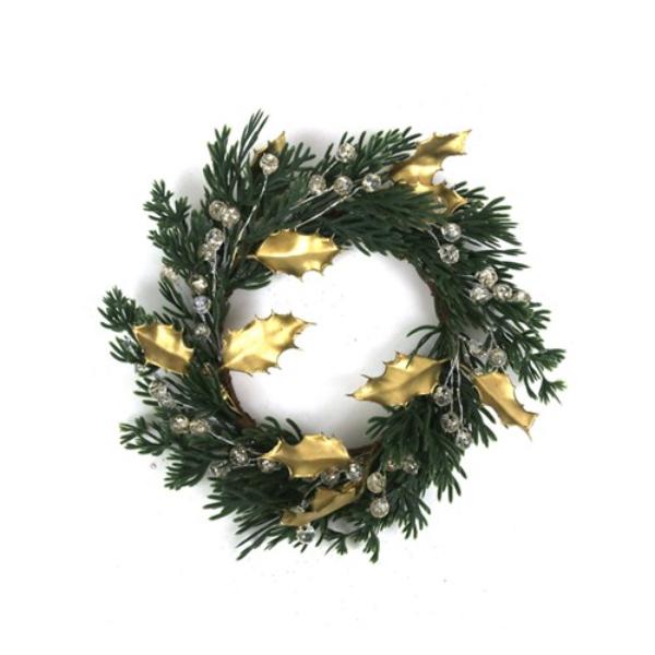 Holly & Crystal Candle Wreath - 18cm