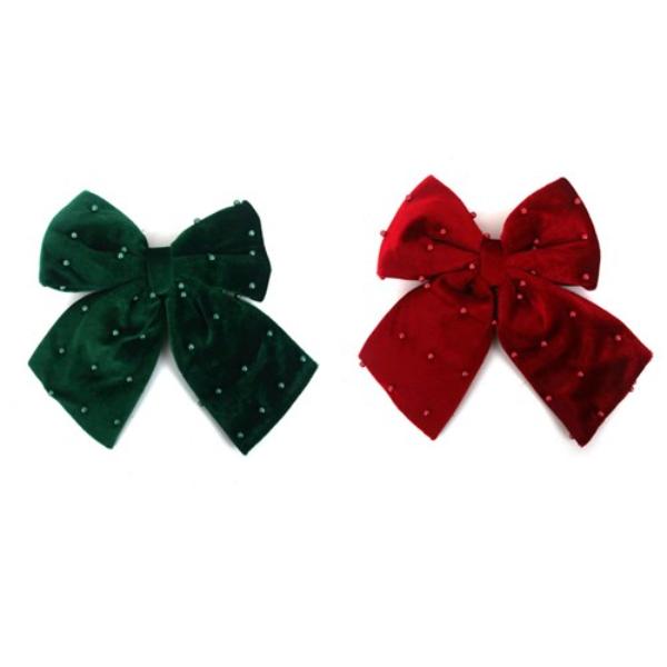 Red Or Emerald Bow With Pearls - 24cm
