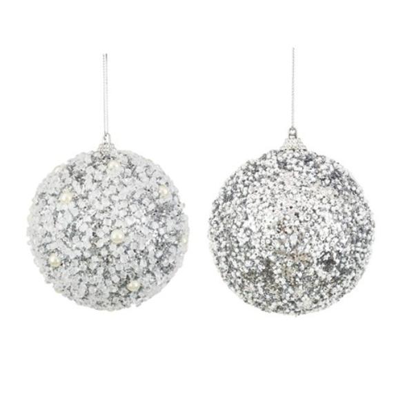 Silver Beaded Bauble 10cm - Assorted