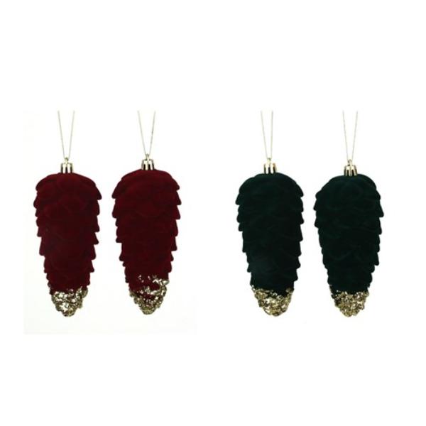 2 Pack Burgundy Or Emerald Flocked Pinecones - 13cm