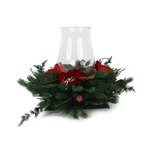 Red Magnolia Glass Candle Holder With Wreath - 70x46cm