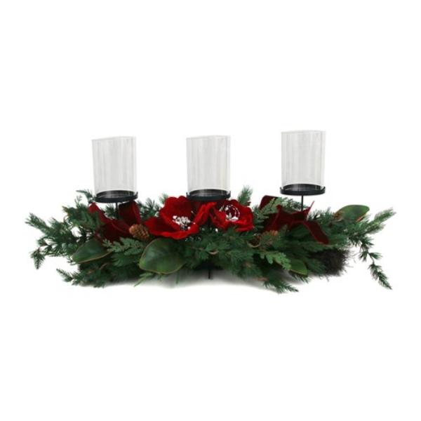 3 Candle Magnolia & Faux Pine Centrepiece - 90cm