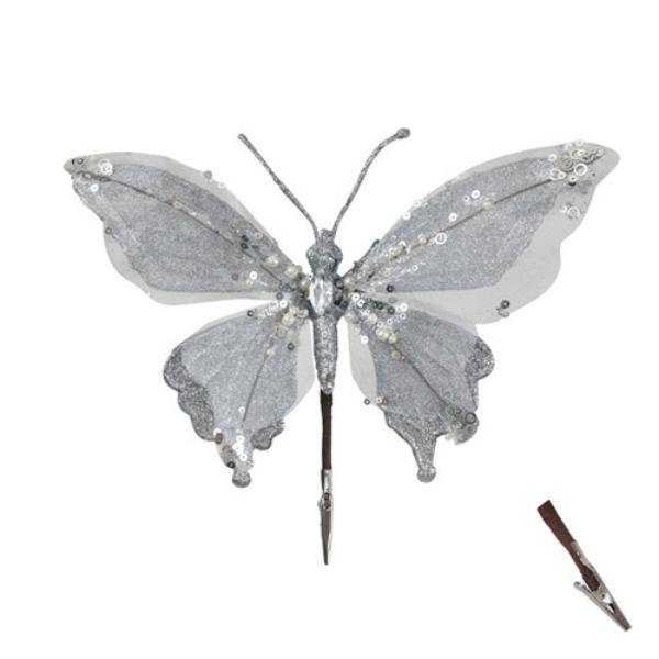 Silver Butterfly With Clip - 28cm