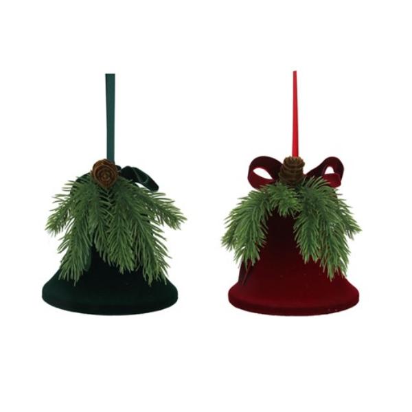 Flocked Burgundy Or Emerald Bell - 16cm