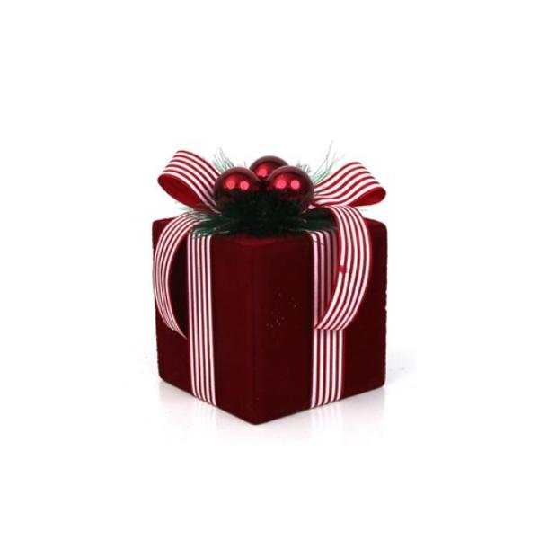 Burgundy Flocked Gift Box Decor - 13cm